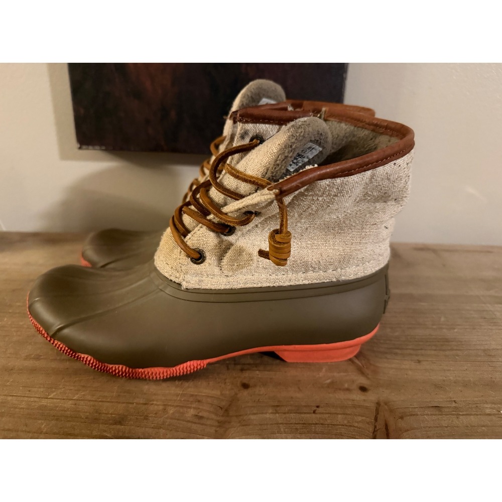 Sperry Saltwater Duck Boots Olive Oatmeal Canvas Ankle Rain Boots Women's 6 - Picture 4 of 5